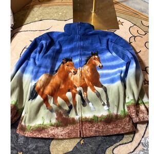 Back in the Saddle Horse Graphic Fleece Jacket Blue Western Zip Up Medium
